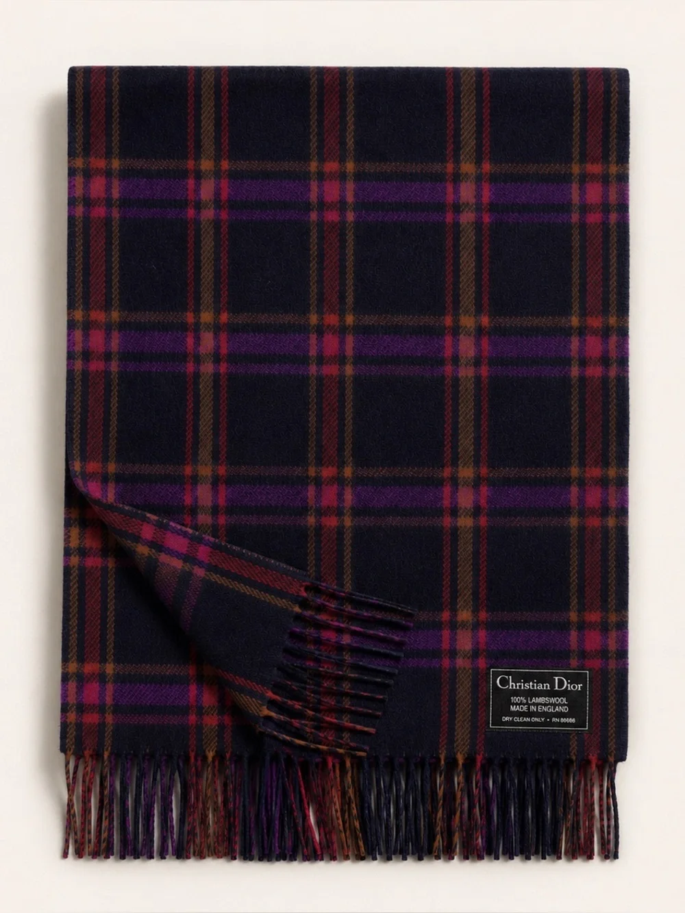 Dior Plaid Wool Scarf in Navy with Pink & Orange Stripes